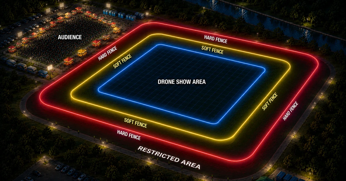 Aerial night view of a drone light show safety layout at an outdoor venue: the audience seated well back from the central drone show area, which is ringed by concentric soft-fence and hard-fence geofence perimeters and an outer restricted area.