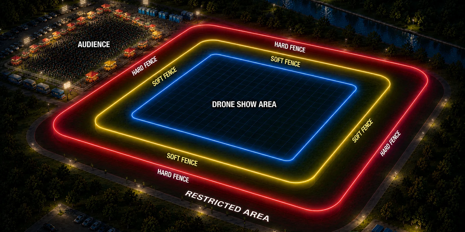 Aerial night view of a drone light show safety layout: the audience seated well back from the drone show area, which is ringed by concentric soft-fence and hard-fence geofence perimeters inside a larger restricted area.